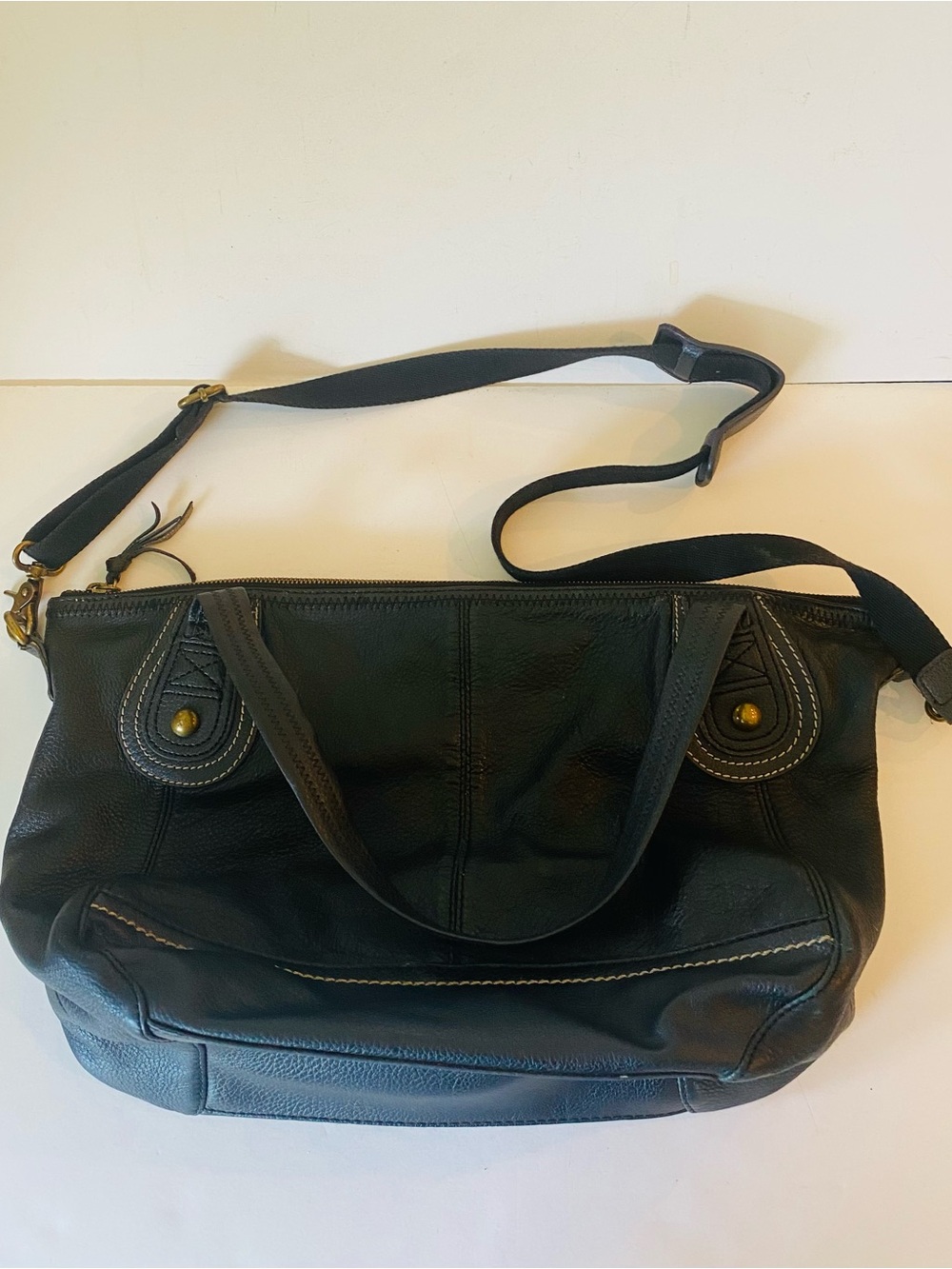 The Sak Black Large Leather Shoulder Bag with Brass Accents